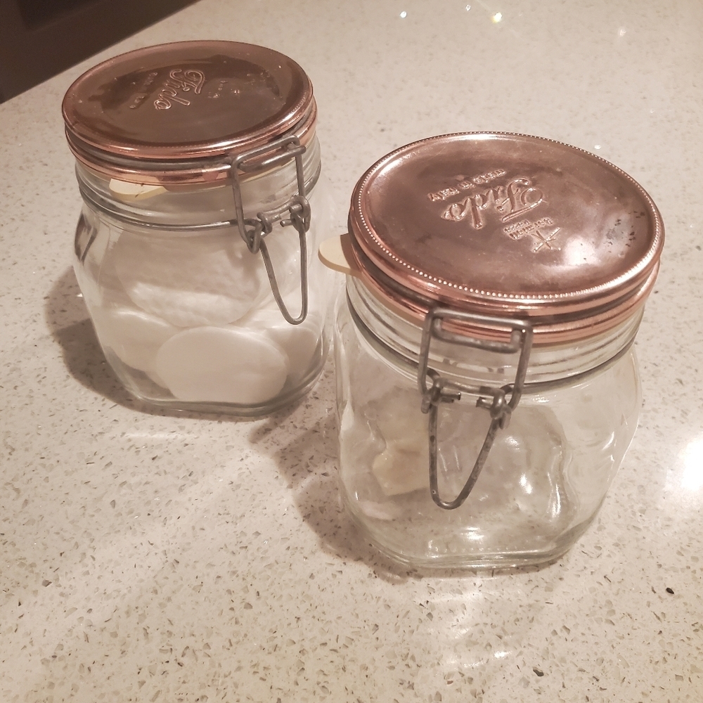 Set 2 Bormioli Rocco Mason Jars Rose Gold Lids Glass Container Storage Organizer